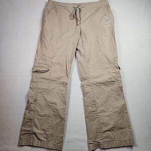 Style & Co Womens 14 Khaki Embroidered Roll Tab Hem Capri Pant Capri Drawstring